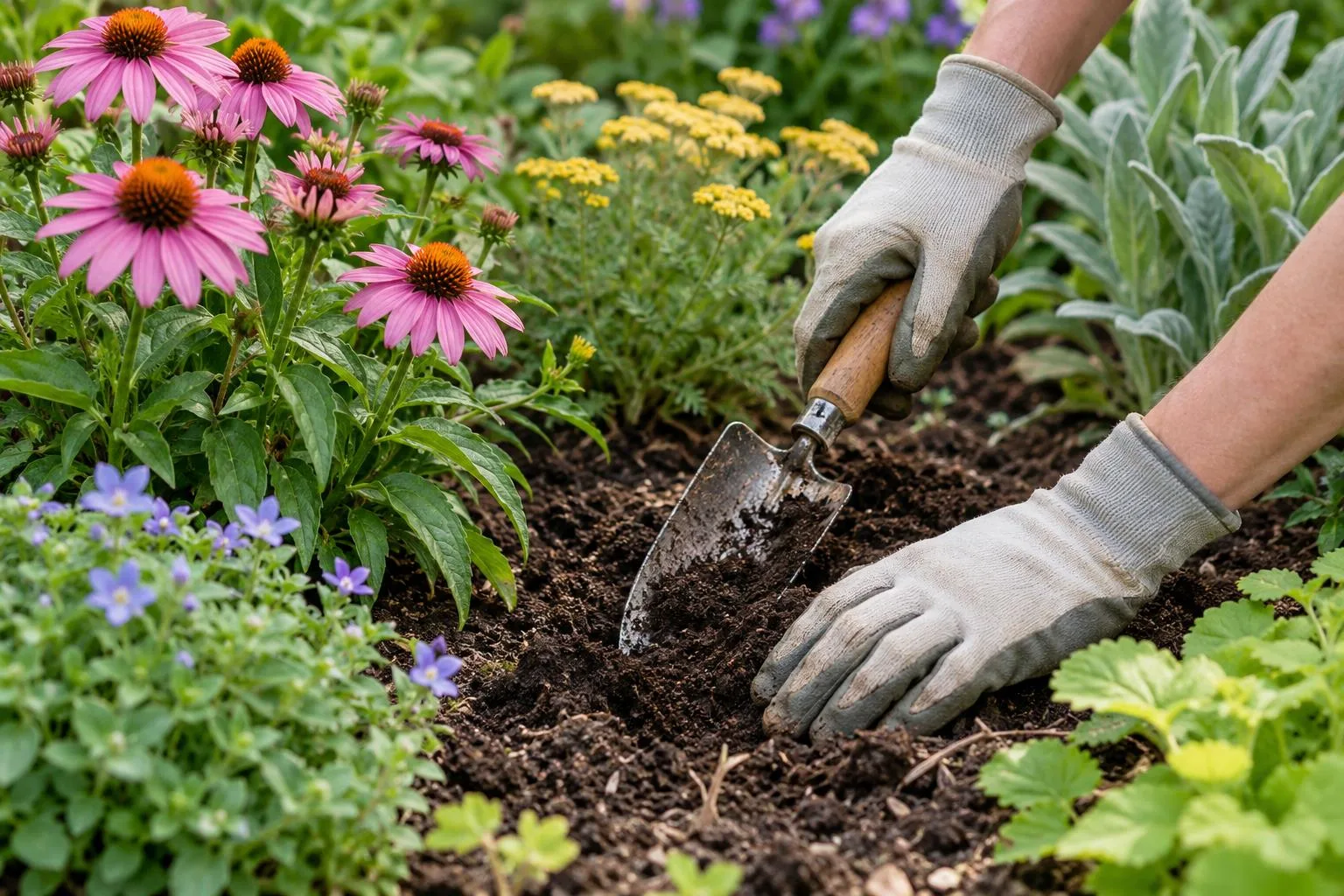 Gartenarbeit an einem blühenden Beet mit Handwerkzeug